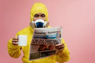A man wearing a yellow hazmat suit is holding a newspaper, highlighting a serious approach to safety and information.